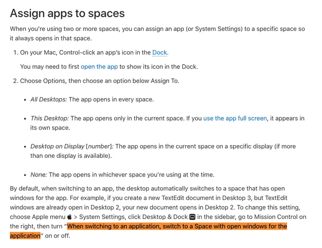 图4：When switching to an application, switch to a Space with open windows for the application